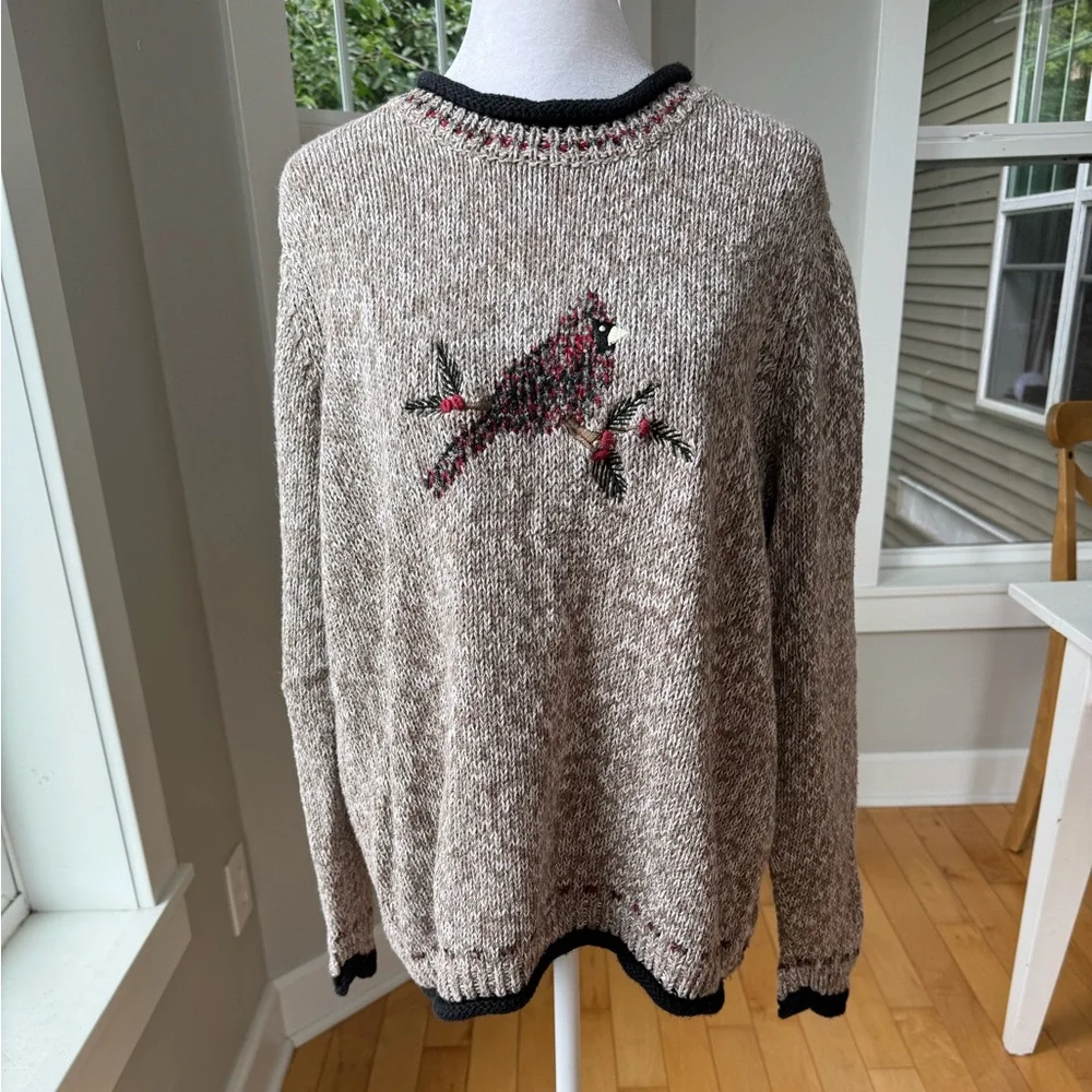 Vintage C.J. Banks Heather Brown Black Red Hand Embroidered Cardinal Sweater X
